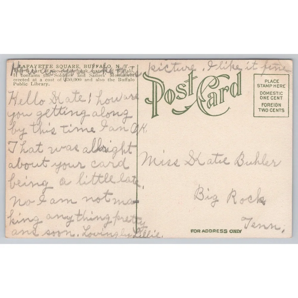 Vintage Postcard Lafayette‎ Square Buffalo New York Landmark Scene